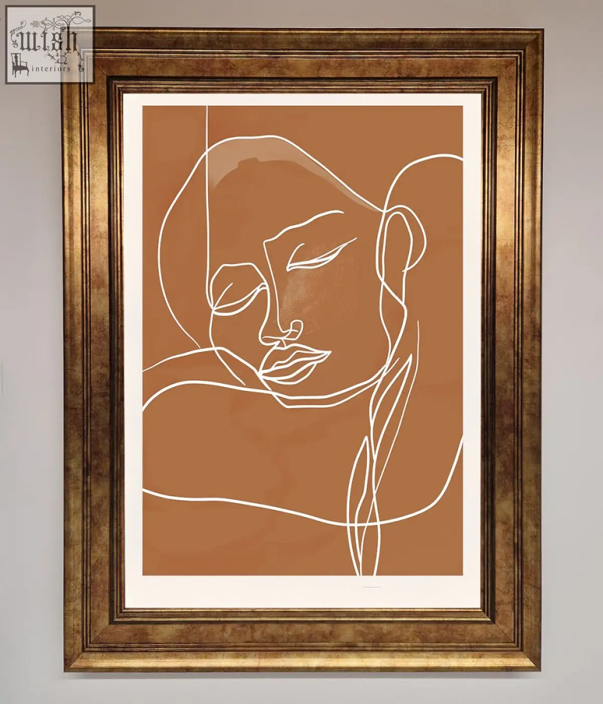 A sepia lines framed minimalist line art of a serene face in white on terracotta background in gold frame wall art