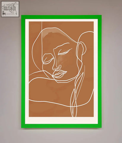 A minimalist white line-art portrait in a vibrant green frame on a warm brown background sepia lines framed wall art