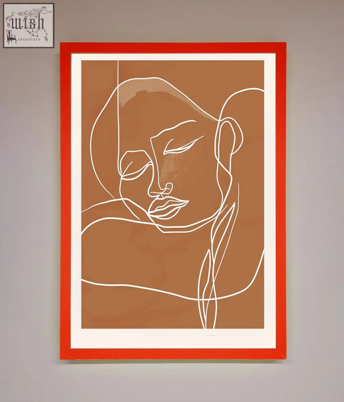 Sepia lines framed wall art with a minimalist white line-art face in a vibrant red frame and warm brown background