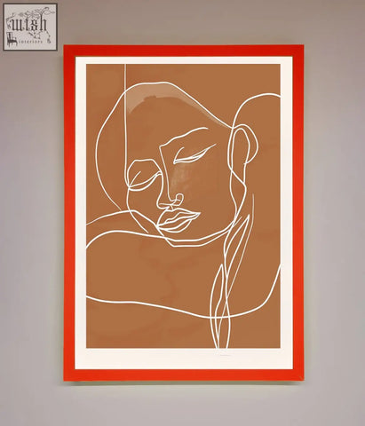 Sepia lines framed wall art with a minimalist white line-art face in a vibrant red frame and warm brown background