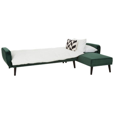 Serene 3 seat dark green velvet sofa bed with white mattress and black-and-white chevron pillow for cozy seating