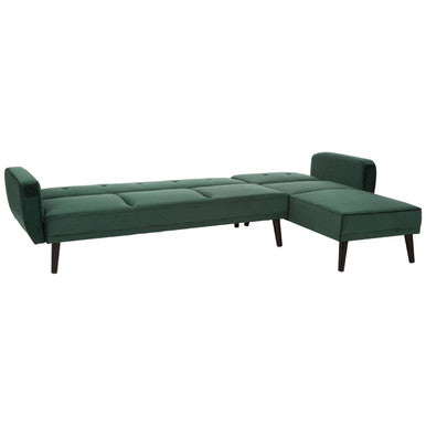 Dark green velvet serene 3 seat green sofa bed with tufted cushions and tapered wooden legs sofa bed