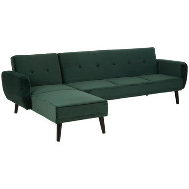 Dark green velvet serene 3 seat sofa bed with tufted back cushions and tapered wooden legs perfect green sofa bed