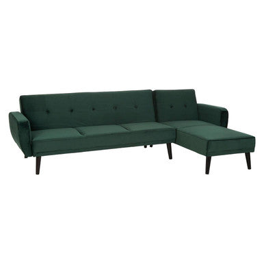 Serene 3 seat green sofa bed with dark green velvet tufted back cushions and black tapered legs and sofa bed feature