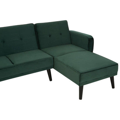 Dark green velvet sectional sofa bed with tufted cushions and tapered wooden legs perfect green sofa bed option