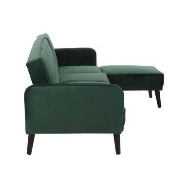 Serene 3 seat green sofa bed in emerald green velvet with dark wood legs perfect as a stylish green sofa bed
