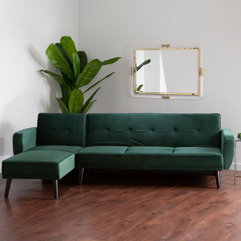Serene 3 seat green sofa bed in emerald green velvet with tufted back and dark wood legs perfect as a green sofa bed