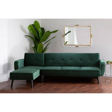 Emerald green velvet tufted sectional sofa bed with dark wood legs perfect as a green sofa bed or living room centerpiece