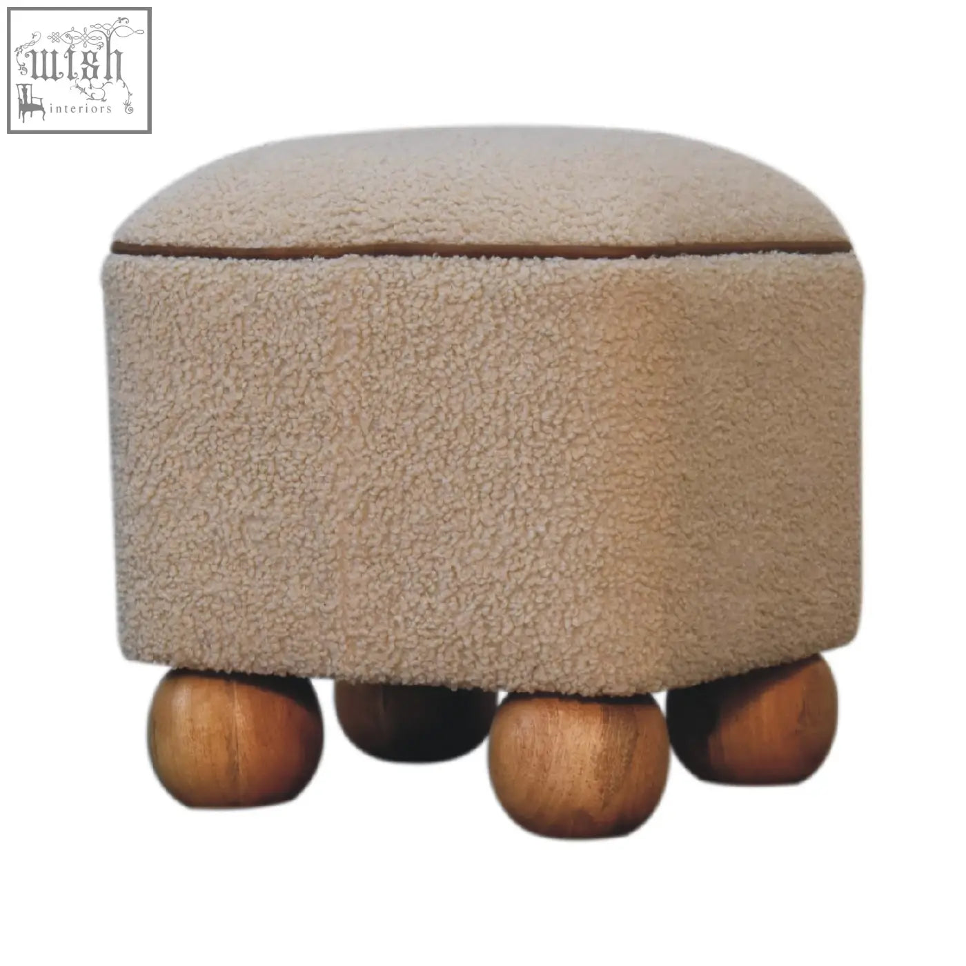 Beige fuzzy fabric serenity footstool with handwoven upholstered design and unique rounded wooden ball feet