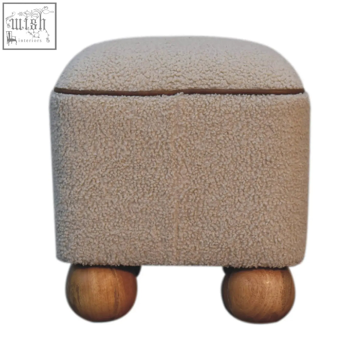 Beige fuzzy fabric storage ottoman with handwoven upholstered design and unique rounded wooden ball feet