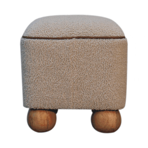 Beige fuzzy fabric serenity footstool with handwoven upholstered design and unique rounded wooden ball feet