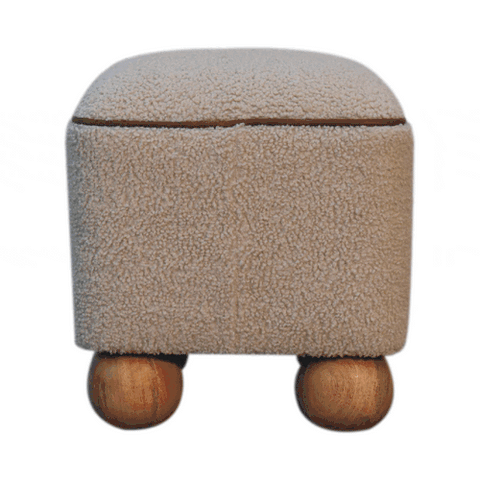 Beige fuzzy fabric serenity footstool with handwoven upholstered design and unique rounded wooden ball feet