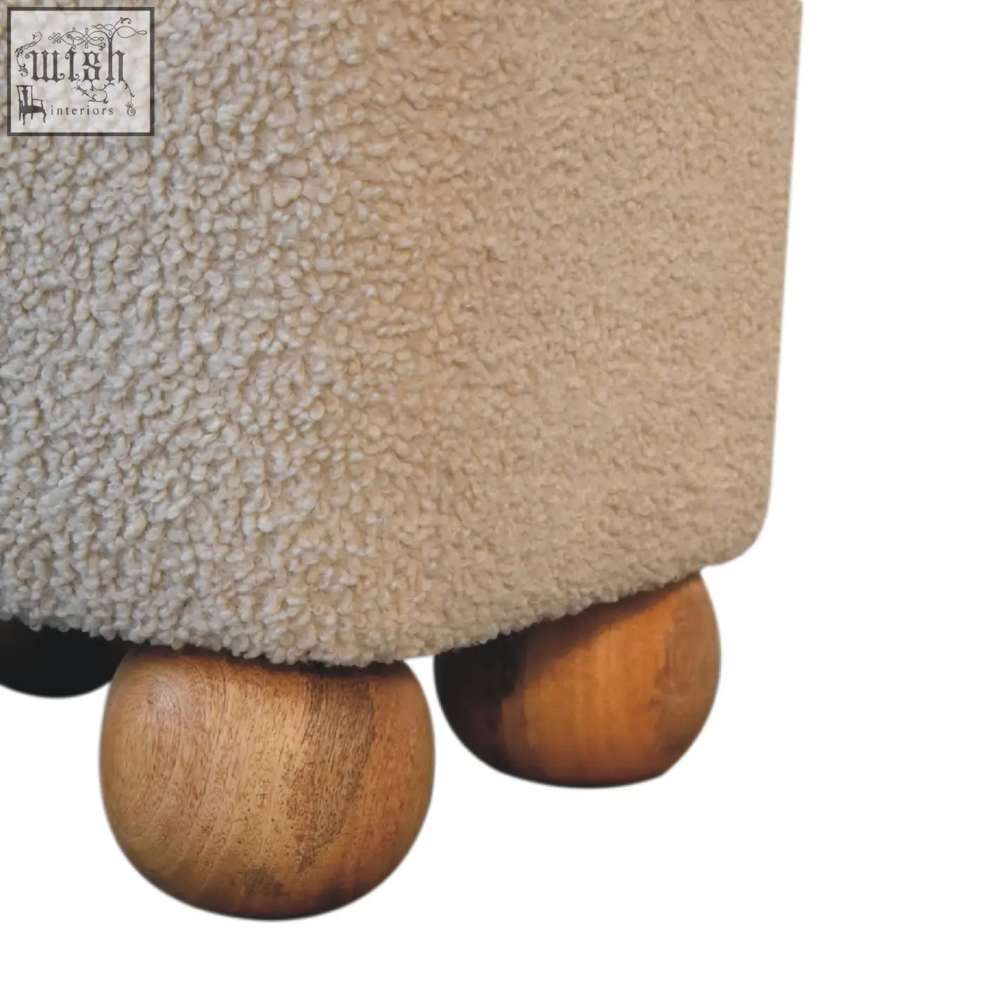 Beige textured fabric serenity footstool with handwoven upholstered design and unique ball feet wooden legs