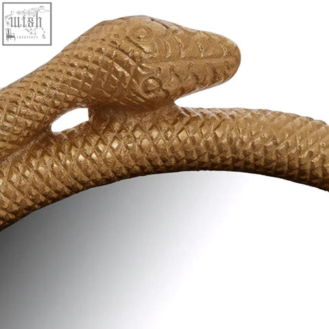 Bronze serpent wall mirror with detailed snake head and dramatic texture of textured scales on frame