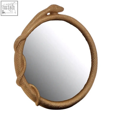 Serpent wall mirror with a round glass framed by a dramatic textured golden-brown rope-like design wall mirror