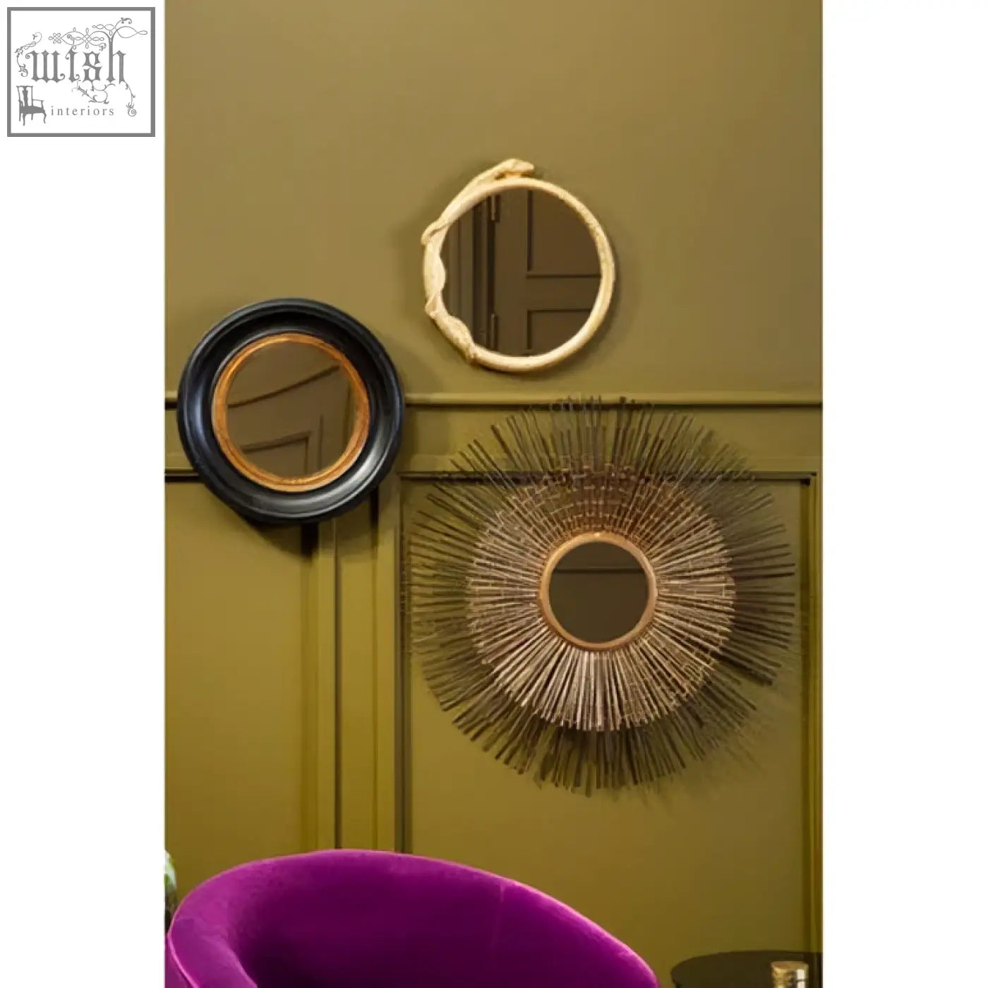 Three decorative wall mirrors including a serpent wall mirror with dramatic texture in natural woven material