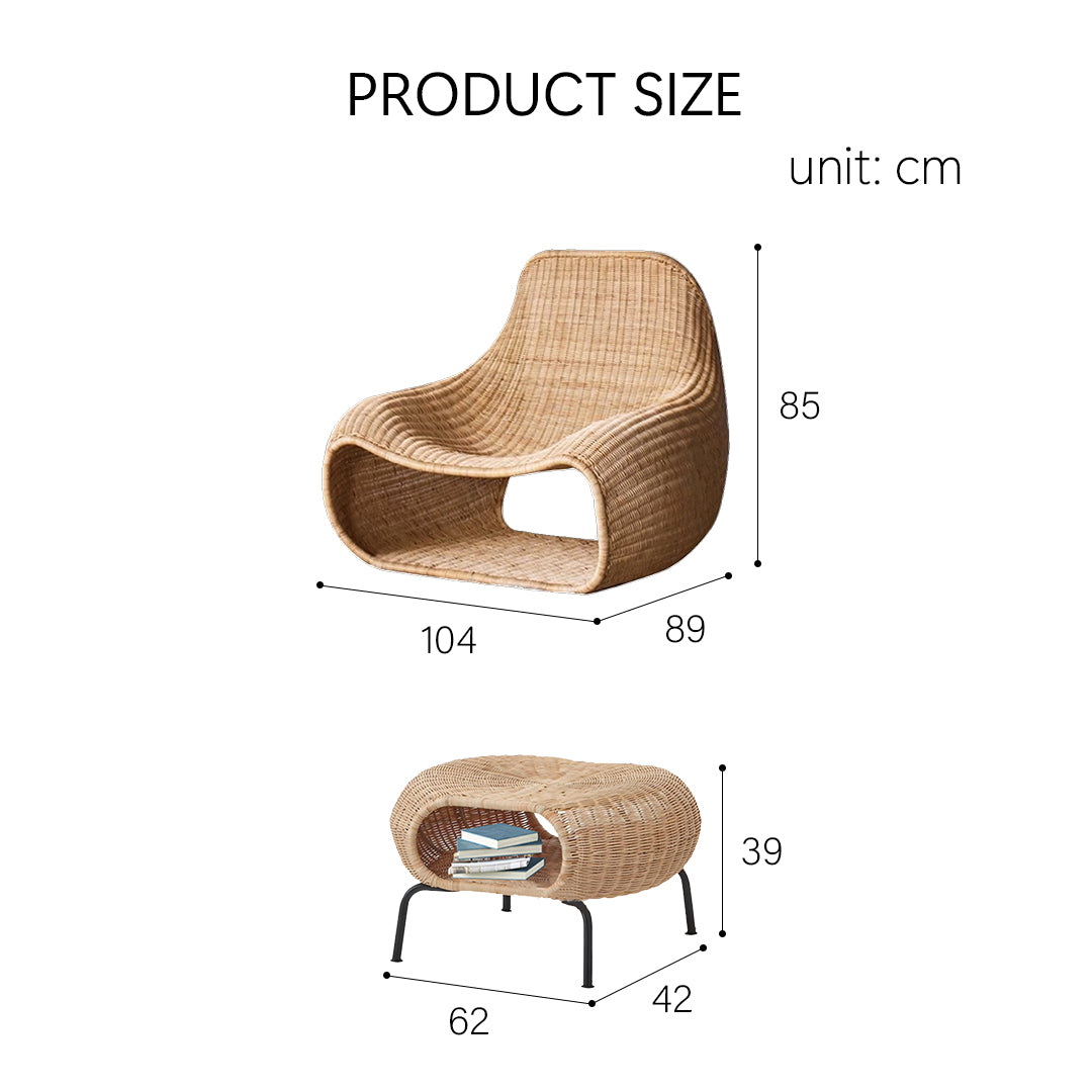Beige woven rattan serrano outdoor lounge chair with curved ergonomic design and matching ottoman footstool