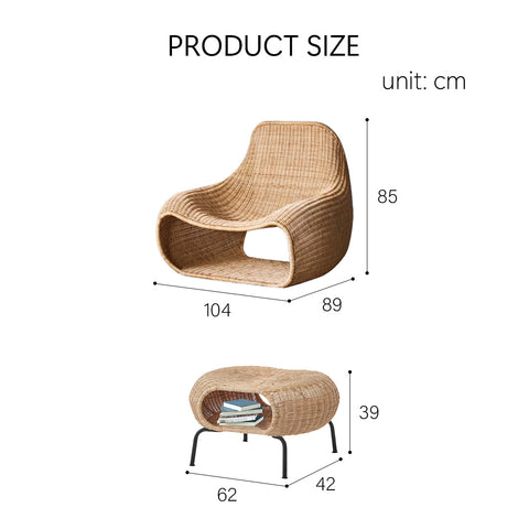 Beige woven rattan serrano outdoor lounge chair with curved ergonomic design and matching ottoman footstool