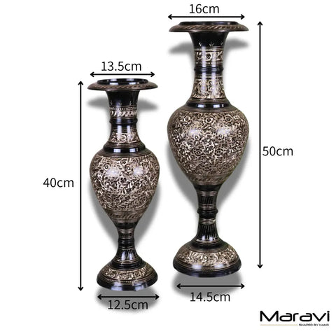 Elegant set of 2 black etched brass vases with silver floral engravings by maravi 40cm and 50cm tall