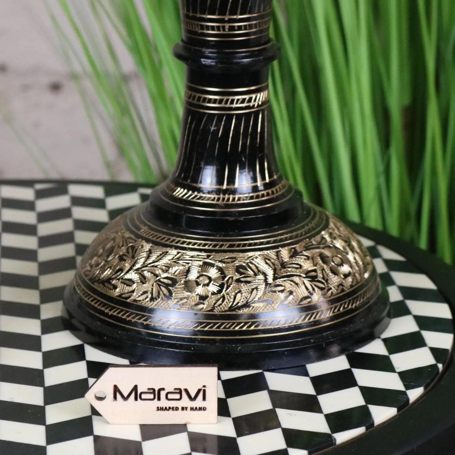 Set of 2 black etched brass vases with hand carved floral patterns in black and gold brass vases perfect for decor