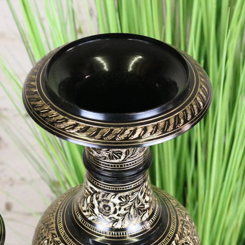 Set of 2 black etched brass vases in 40cm and 50cm with intricate floral engravings and ornate design