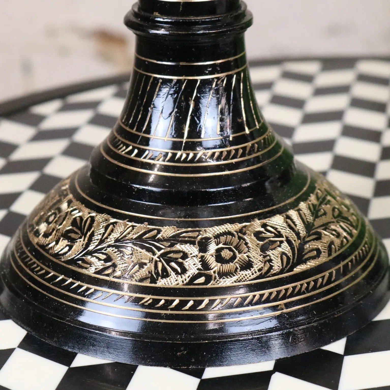 Black etched brass candlestick with gold leaf floral patterns as part of set of 2 brass vases 40cm and 50cm