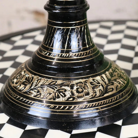 Black etched brass candlestick with gold leaf floral patterns as part of set of 2 brass vases 40cm and 50cm