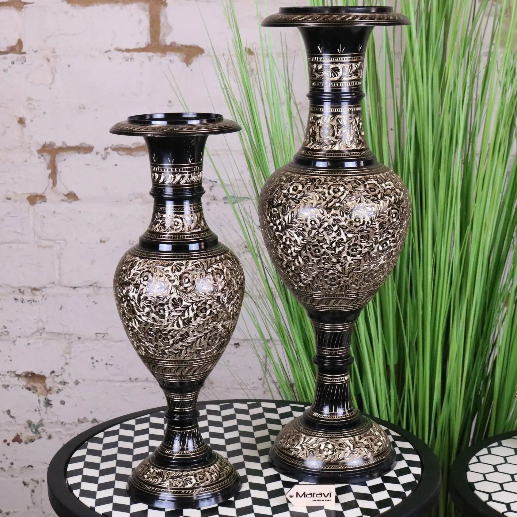 Set of 2 black etched brass vases 40cm and 50cm with intricate floral engravings and ornate metal design