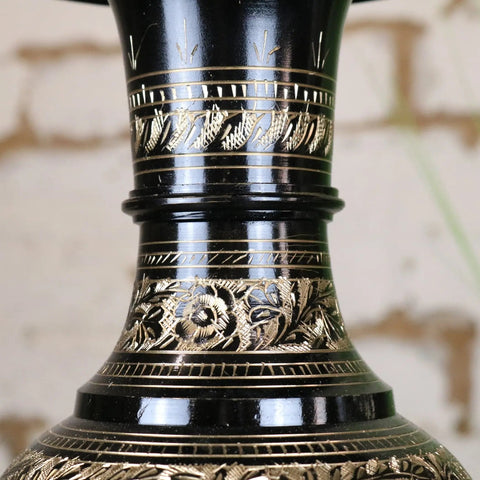 Set of 2 black etched brass vases with intricate gold leaf floral and geometric patterns in 40cm and 50cm sizes
