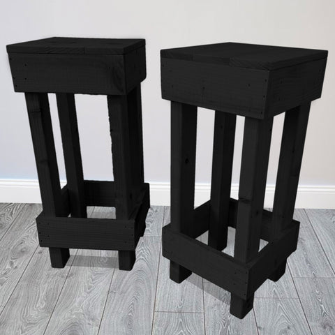 Set of 2 rustic wooden black bar stools with pallet-style design perfect for kitchen or home bar seating