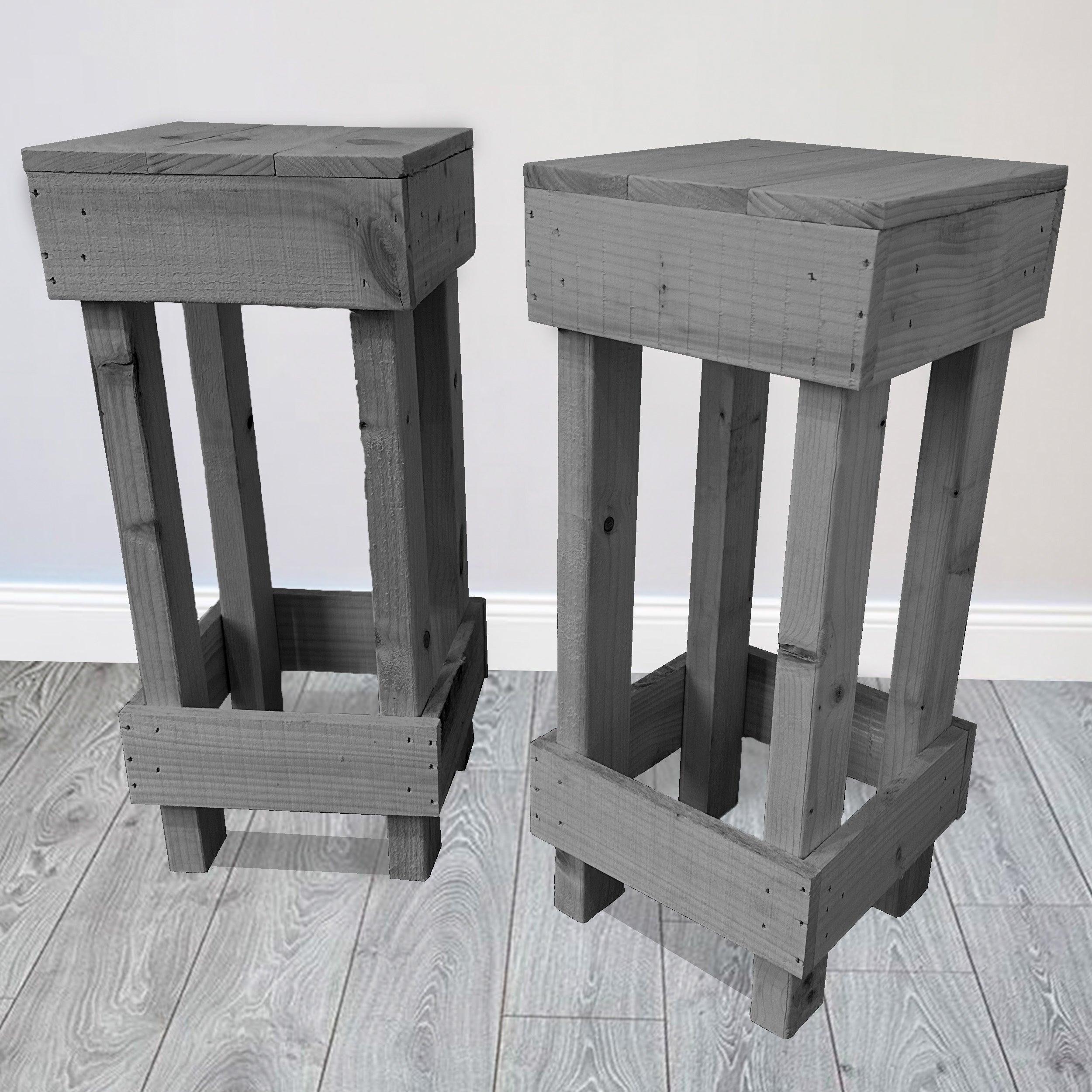 Set of 2 rustic wooden gray bar stools with sturdy pallet-style construction for a cozy kitchen or bar area