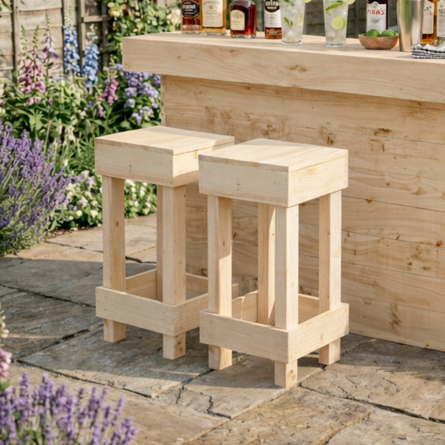 Two light-colored rustic wooden bar stools with a simple design perfect for kitchen or bar seating
