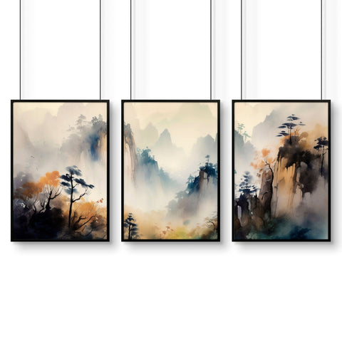 Set of 3 Framed Pictures | Set of 3 Asian Inspired Wall art Prints