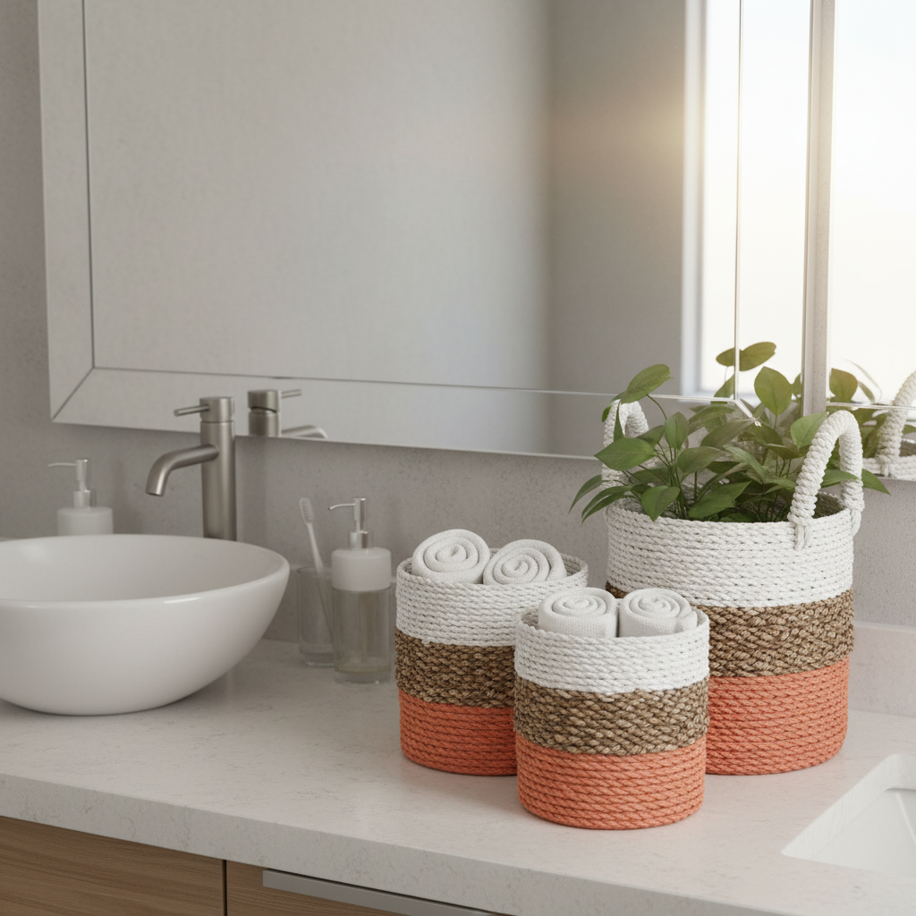 Set of 3 orange seagrass storage baskets with white beige and coral stripes and braided handles on bathroom counter