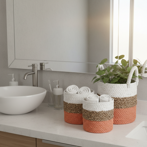 Set of 3 orange seagrass storage baskets with white beige and coral stripes and braided handles on bathroom counter