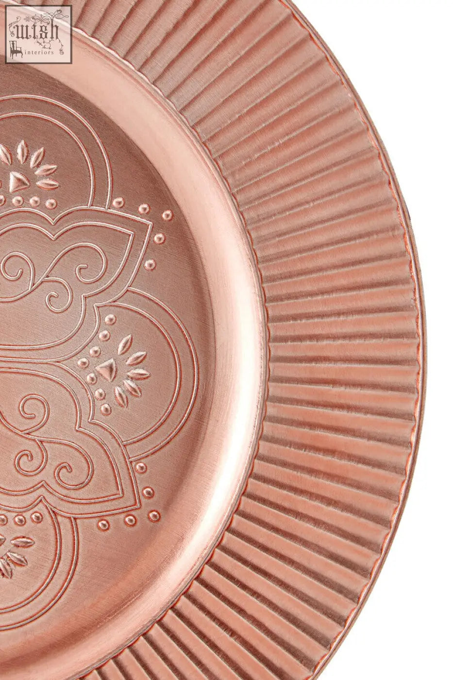 Set of 4 redbud rose gold charger plates with copper-colored metal, embossed pattern, ribbed rim, and wide surface area