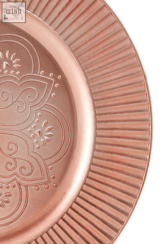 Set of 4 redbud rose gold charger plates with copper-colored metal, embossed pattern, ribbed rim, and wide surface area