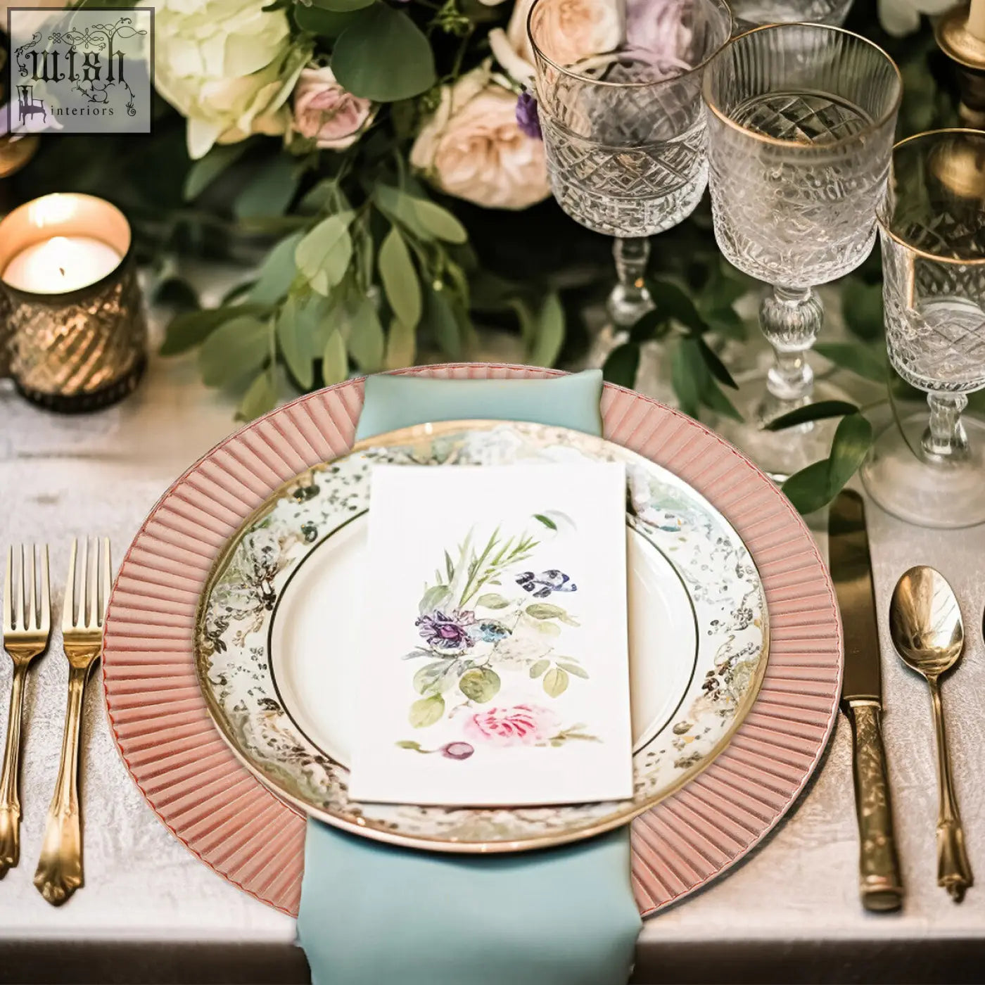 A delicate floral ceramic plate with gold rim on a pink ribbed redbud rose gold charger with blue napkin showing wide surface area
