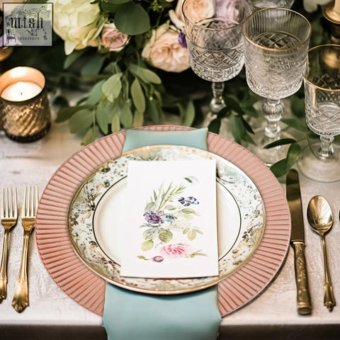 A delicate floral ceramic plate with gold rim on a pink ribbed redbud rose gold charger with blue napkin showing wide surface area