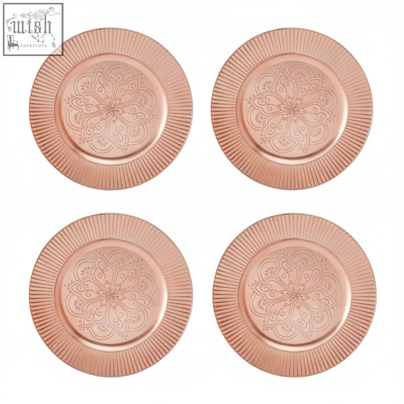 Set of 4 redbud rose gold metallic charger plates with embossed floral mandala design and wide surface area