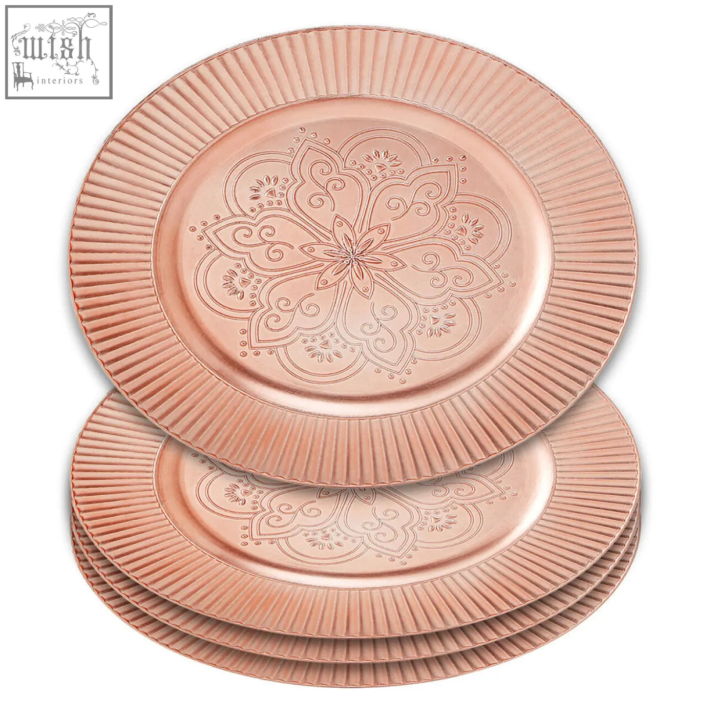 Set of 4 redbud rose gold charger plates with wide surface area, intricate floral embossing, and fluted rim
