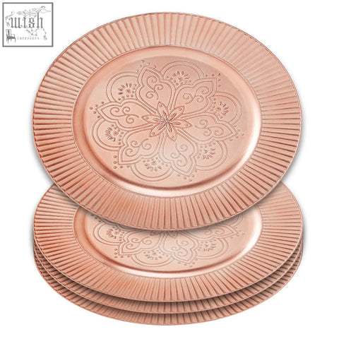 Set of 4 redbud rose gold charger plates with wide surface area, intricate floral embossing, and fluted rim