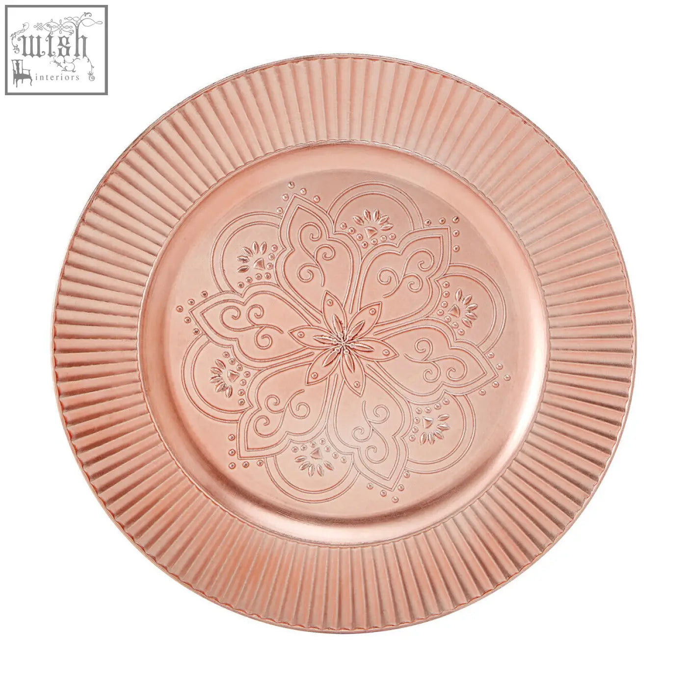 Set of 4 redbud rose gold charger plates with wide surface area and intricate floral mandala design on metallic plate