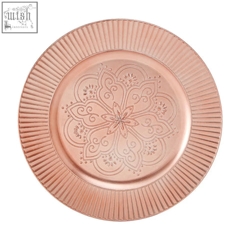 Set of 4 redbud rose gold charger plates with wide surface area and intricate floral mandala design on metallic plate