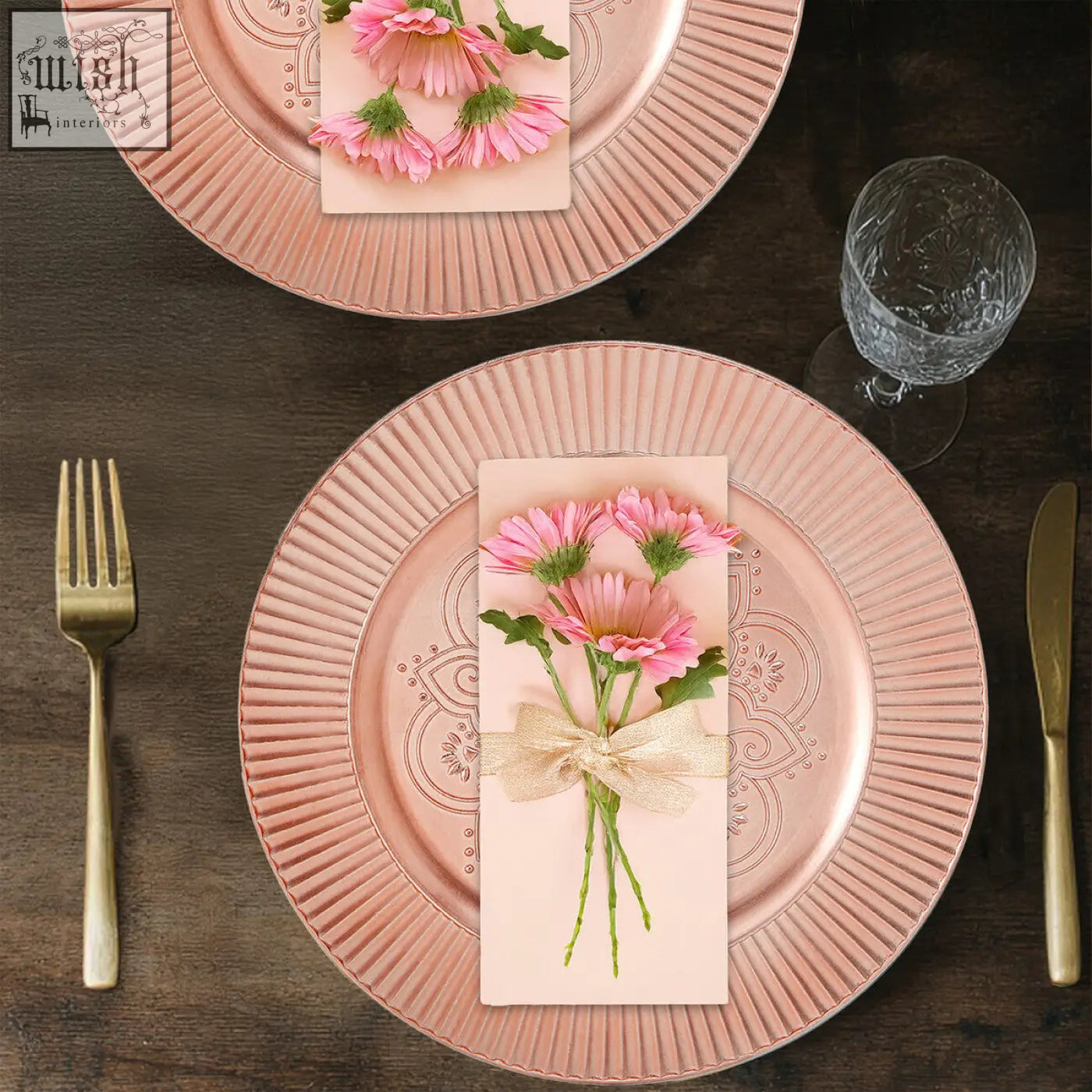 Set of 4 redbud rose gold metallic charger plates with wide surface area and embossed floral pattern on fluted rim