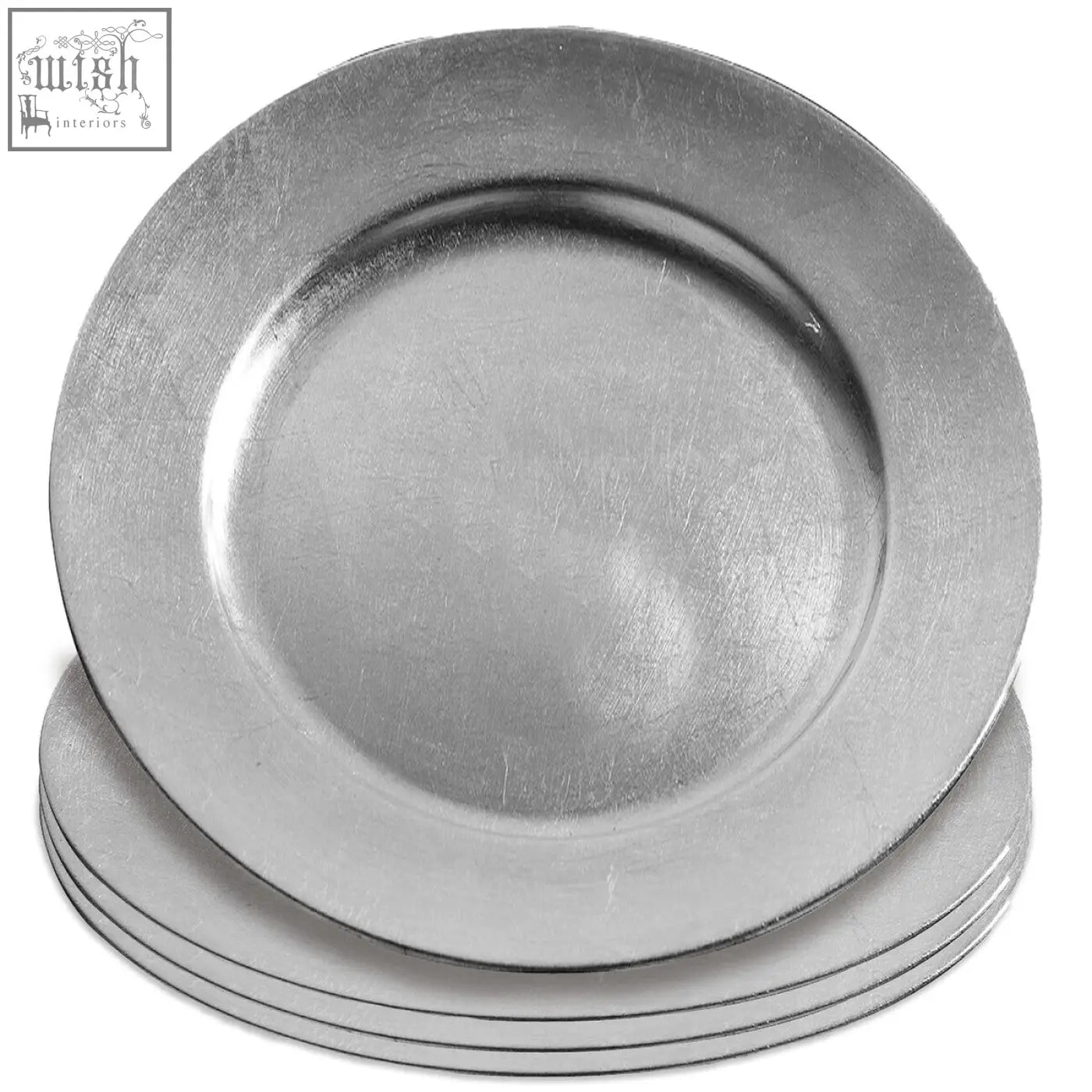 Stack of five metallic silver charger plates with a subtle brushed finish and raised rim to protect table surfaces