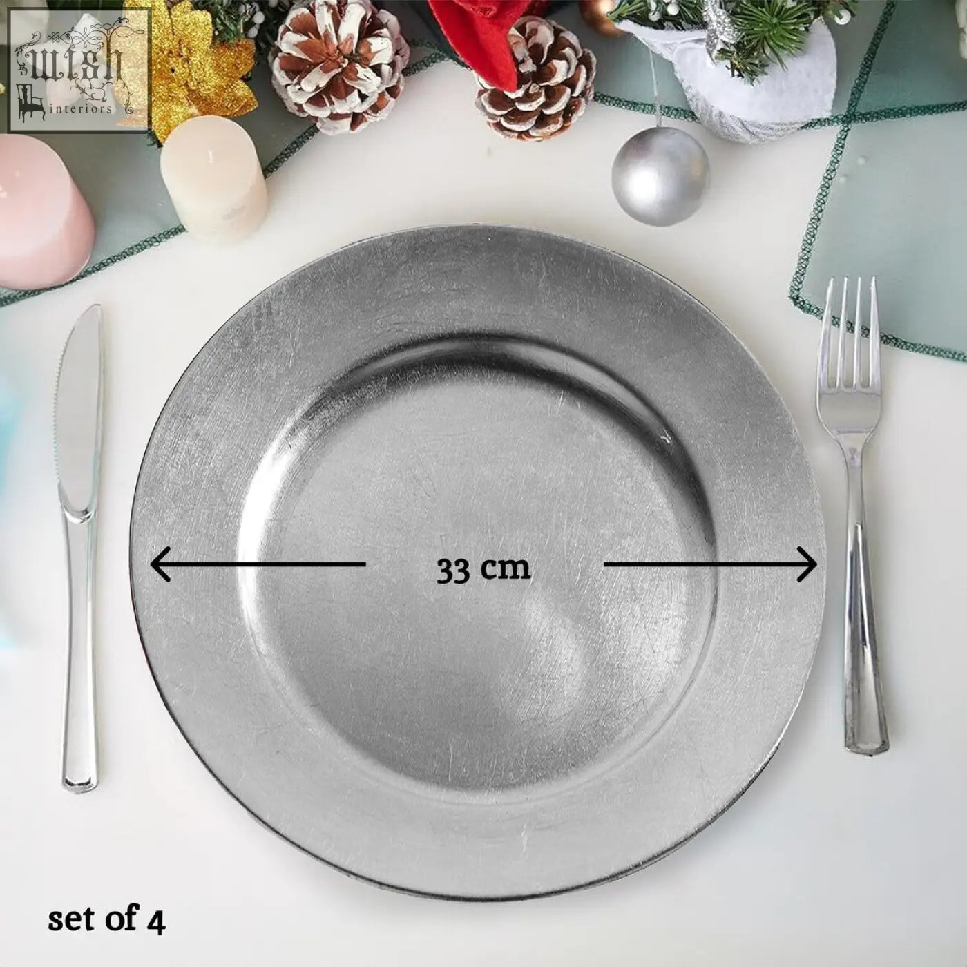 Silver metallic charger plate 33 cm diameter with distressed finish to protect table surfaces in style