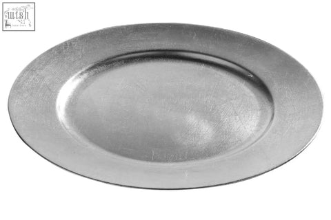 Silver oval charger plate with a subtle brushed finish and raised rim to protect table surfaces in style