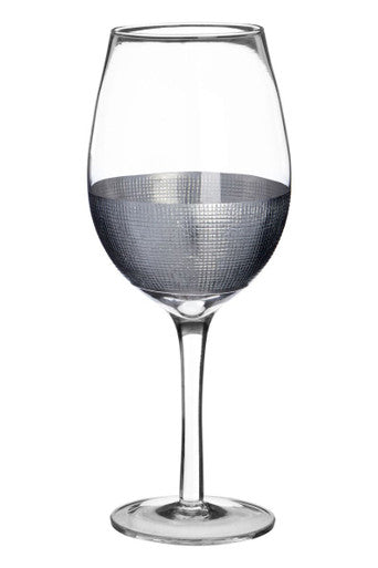 Clear glass apollo large wine goblet with silver metallic mesh band encircling lower bowl in set of four large wine glasses