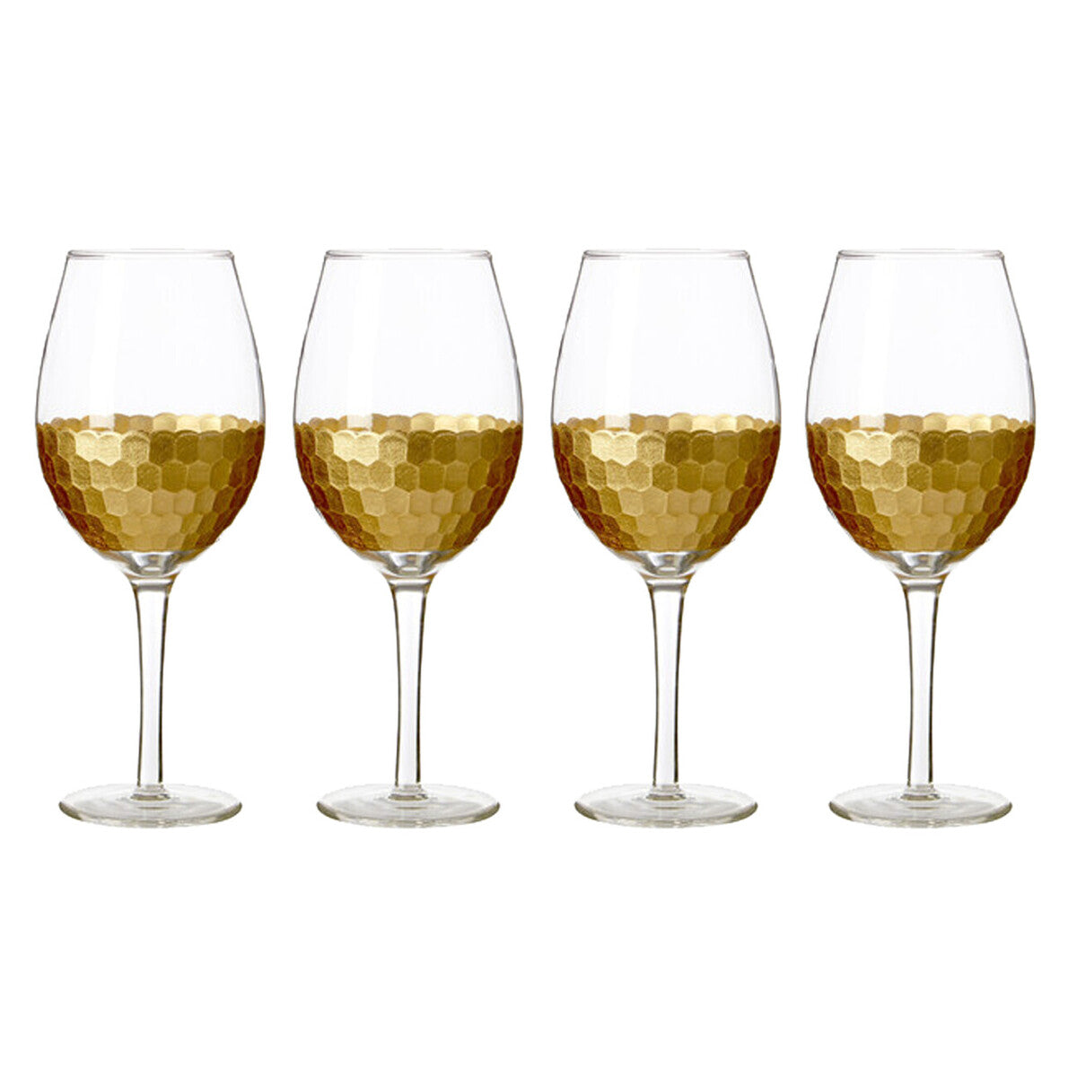 Set of four astrid large wine glasses in clear glass with gold honeycomb pattern on lower half perfect for wine glasses